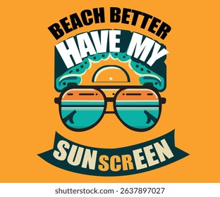 Funny summer vector with sunscreen, smiling sun, and beach typography. Perfect for t-shirt design, posters, and vacation graphics.