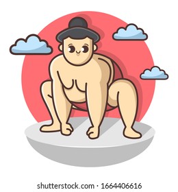 Funny Sumo wrestler character. Vector illustration. Design for print, emblem, t-shirt, party decoration, sticker, logotype.