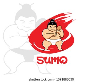 A funny sumo wrestler. eating a chicken Vector cartoon illustration arranged isolated on white. Big Asian guy who is funny and smiling.