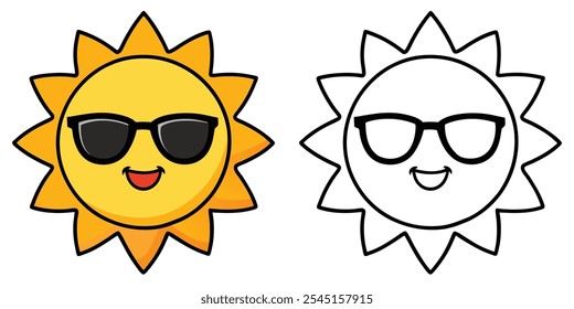 Funny Sun Cartoon Wearing Sunglasses Outline Coloring Pages For Kids. Easy Coloring Book Printable. Sun Cartoon Character Vector Illustration