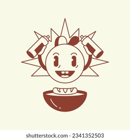 Funny sun character cooking sausage food comic cartoon retro 30s animation style line art icon vector illustration. Cute sunny smile positive mascot with meal and sauce minimal emoticon
