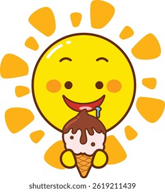 Funny Sun Character Enjoying Ice Cream – Summer Cute Vector Cartoon