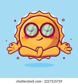 funny sun character mascot with yoga meditation pose isolated cartoon in flat style design