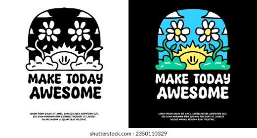 Funny sun character and nature with make today awesome typography, illustration for logo, t-shirt, sticker, or apparel merchandise. With doodle, retro, groovy, and cartoon style.