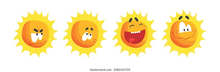 Funny Sun Character with Rays and Face Emotion Vector Set