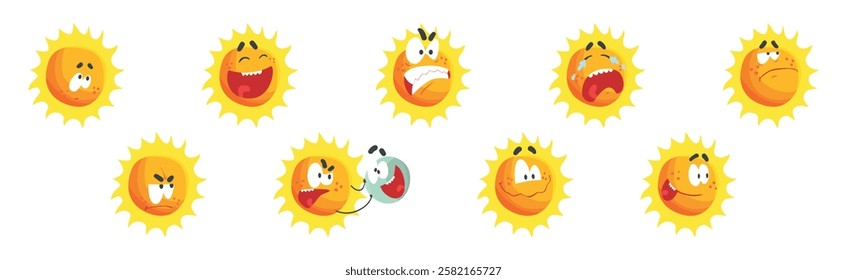 Funny Sun Character with Rays and Face Emotion Vector Set