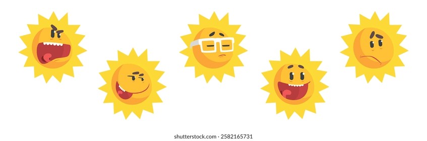 Funny Sun Character with Rays and Face Emotion Vector Set