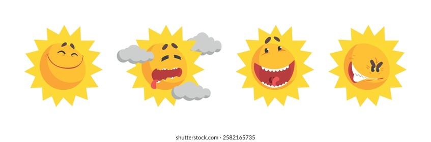 Funny Sun Character with Rays and Face Emotion Vector Set