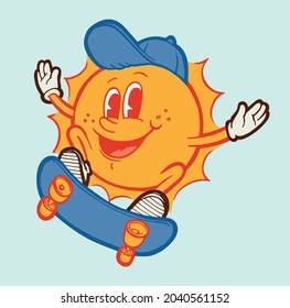 Funny Sun character skateboarding. Isolated vector illustration of summer sports.