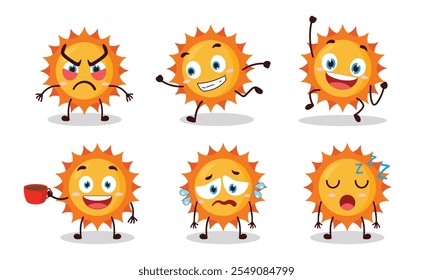 funny sun character with various pose activity design illustration