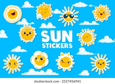 Engraçados adesivos de personagens de sol ou emojis de desenhos animados ensolarados com rostos bonitos, ícones vetoriais. Adesivos de sol de verão para crianças com personagens alegres, sol dormindo em nuvens feliz sorrindo em óculos escuros ou piscando