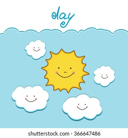 funny sun and clouds in the day for baby background. Vector cartoon illustration.
