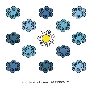 Funny sun and clouds on white background vector illustration 