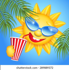 Funny sun drinking cool drink from straws and palm branches
