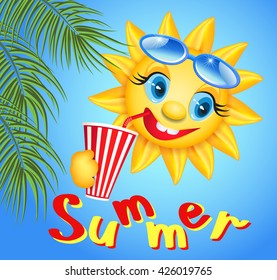 Funny sun drinking cool drink from straws and palm branches