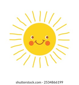 Funny sun with face icon in flat style. Summer sunshine emoji vector illustration on isolated background. Smiling sun sign business concept.