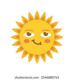 Funny sun with face icon in flat style. Summer sunshine emoji vector illustration on isolated background. Smiling sun sign business concept.