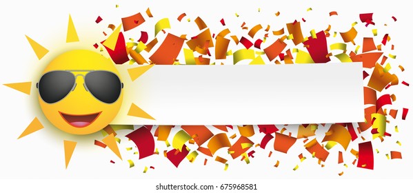 Funny sun face with paper banner and confetti. Eps 10 vector file.