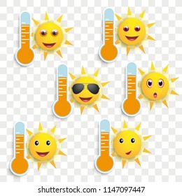 Funny sun faces with thermometers on the checked background. Eps 10 vector file.