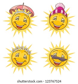 Funny sun. Four seasons set. Isolated vector illustration.