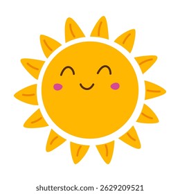 Funny sun with a happy face and blush cheeks. Icon or sticker. Sunny day. Design for kids' themes and positive graphics.