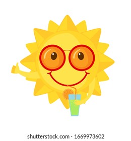Funny Sun icon with cocktail in flat style isolated on white background. Smiling cartoon sun. Vector illustration.