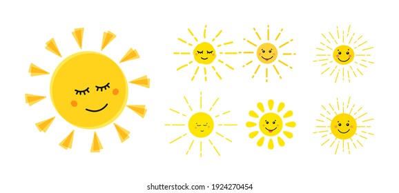 Funny sun icon. Cute sun set flat style. Yellow childish sunny emoticons collection. Smiling sun with sunbeams cartoon character. T shirt print design element. Vector illustration isolated 