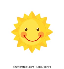 Icono divertido de Sun en estilo plano aislado en fondo blanco. Sol de caricatura sonriente. Ilustración vectorial.