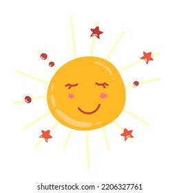 Funny sun icon illustration isolated on white background. Flat style. Vector template,