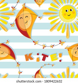 Funny sun, kite. Childrens background, pattern. Flat style. Cartoon characters on background. 