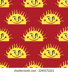 Funny sun with a lovely face seamless pattern. Freaky quirky sun in modern doodle style. Vector illustration