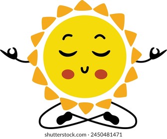 Funny sun mascot doing yoga meditation