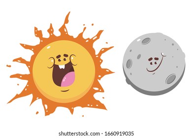 Funny sun and moon vector cartoon characters isolated on a white background.