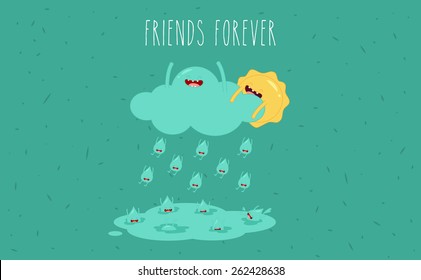 Funny sun and rain. Vector cartoon. Friends forever. Comic characters. You can use in the menu, in the shop, in the bar, the card or stickers. Easy to edit.