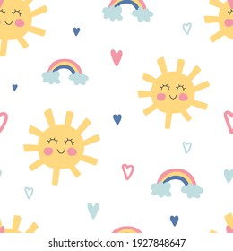 Funny sun and rainbow seamless pattern. Cute children texture. Kids nursery background in pastel colors. Baby shower decoration. Children room decor. Vector illustration.