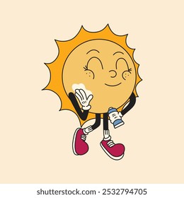 Funny sun reapply sunscreen cream skincare 80's groovy vector Illustration with isolated background. Retro vintage old Cartoon Style