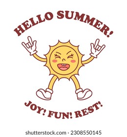 funny, sun, retro, mascot, emoticon, emoji, shiny, happy, sun, daisies, summertime, vector, illustration, smiling, positive, Icon, vintage, slogan, print design,  yellow, rays, hands, feet, lettering,