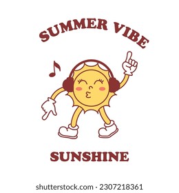 Funny sun. Retro mascot. Shiny happy Sun listening to music with headphones. Vector illustration. Smiling Positive Icon. Vintage slogan, print design.