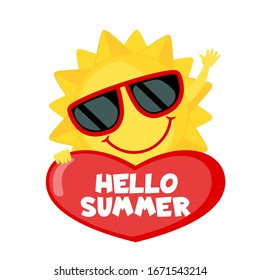 Funny Sun with sunglasses and heart isolated on white background. Smiling cartoon sun. Icon in flat style. Hello summer. Vector illustration.