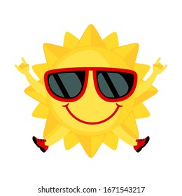 Funny Sun with sunglasses icon in flat style isolated on white background. Smiling cartoon sun. Vector illustration.