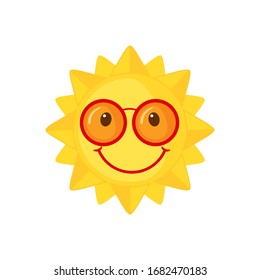 Funny Sun with sunglasses icon in flat style isolated on white background. Smiling cartoon sun. Vector illustration.
