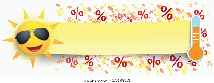 Funny sun with sunglasses, percents and paper banner on the white background. Eps 10 vector file.