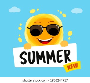 Funny sun with text Summer new. Yellow Cute sunshine cartoon character. Childish sun joy. Smiling sun with sunbeams. Vector illustration on blue background.