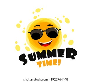 Funny sun with text Summer Time. Yellow Cute sunshine cartoon character. Childish sun joy. T-shirt print design element. Vector illustration isolated on white background.