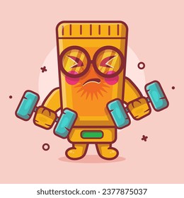 funny sunblock character mascot doing bodybuilding using dumbbell isolated cartoon in flat style design