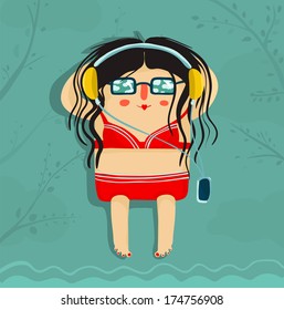 Funny Sunburning Girl Listening to Music. Summer sea recreation illustration. Vector EPS8.