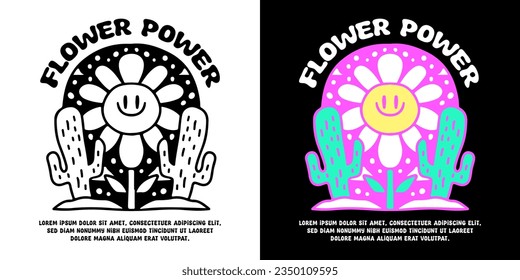 Funny sunflower and cactus with flower power typography, illustration for logo, t-shirt, sticker, or apparel merchandise. With doodle, retro, groovy, and cartoon style.