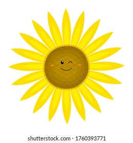 Funny sunflower in cartoon style. Vector illustration on a white background. For your design of cards, posters, patterns, printing on t-shirts, mugs, avatars.