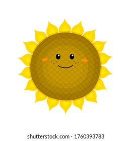 Funny sunflower in cartoon style. Vector illustration on a white background. For your design of cards, posters, patterns, printing on t-shirts, mugs, avatars.