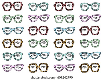 Funny sunglasses pattern vector fashion illustration set seamless on white background